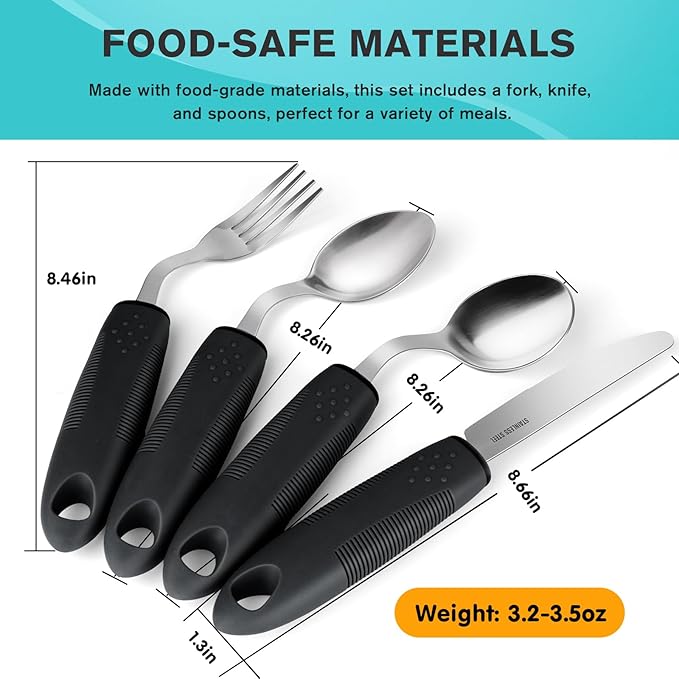 AuntyFey 4Pcs Weighted Adaptive Utensils, 45°Angled Parkinsons Utensils for Elderly, Weighted Utensils for Hand Tremors, 3.5oz Weighted Built Up Utensils for Parkinson, Disabled, Black, Left-Handed