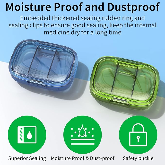 2 Pack 3 Compartment Small Pill Box, Moisture Proof Case, Travel Organizer for Pocket Purse, Daily Portable Medicine Vitamin Container, Fish Oil and Supplement Storage