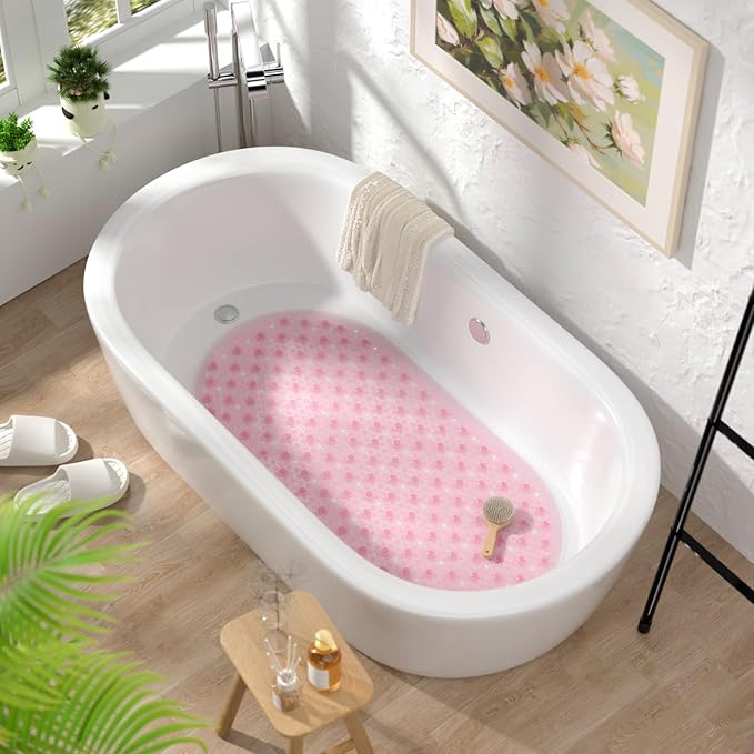 HITSLAM Oval Bath Mat for Tub, 27x15 Inch Bubble Bathtub Mat Non Slip, Machine Washable Bathroom Shower Mat with Drain Holes and Suction Cups, Bathroom Accessories Pink