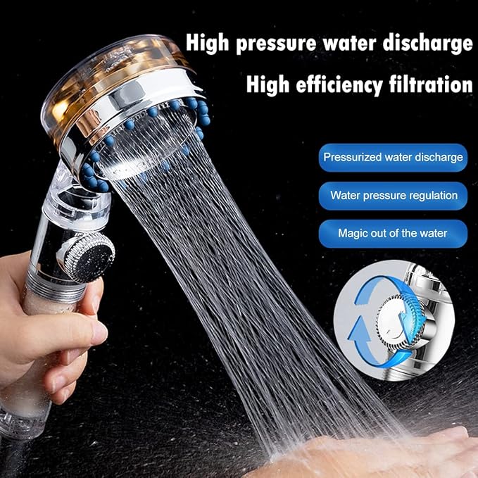 ANTOWER High Pressure Handheld Showerhead with filters Vortex shower head hydro jet shower head Turbo ShowerHead Propeller 360 Degrees Rotating Easy Install (I-Gold)