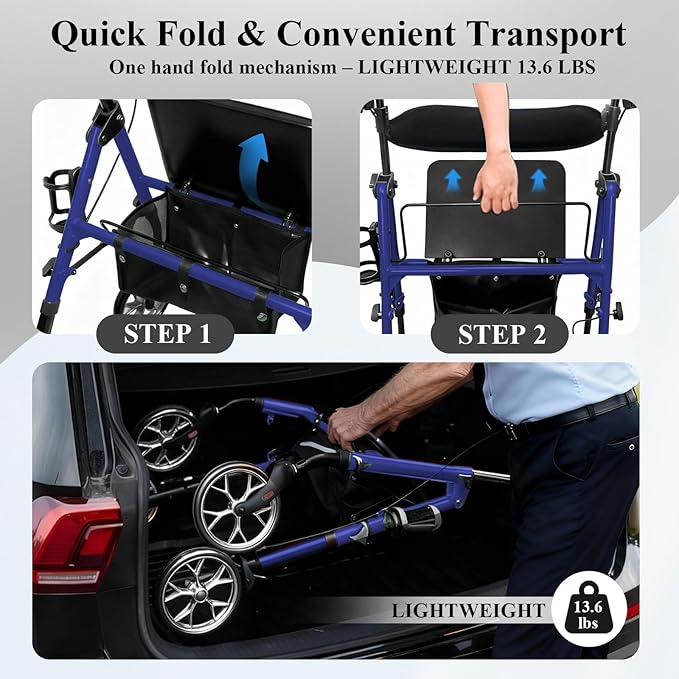 Cosydora Rollator Walkers for Seniors with Seat, 13.6 Lbs Ultra Lightweight Foldable Rolling Walker, 350Lbs Heavy Duty Aluminum, 8" All Terrain Wheels, Dual Adjustable Height, Navy Blue