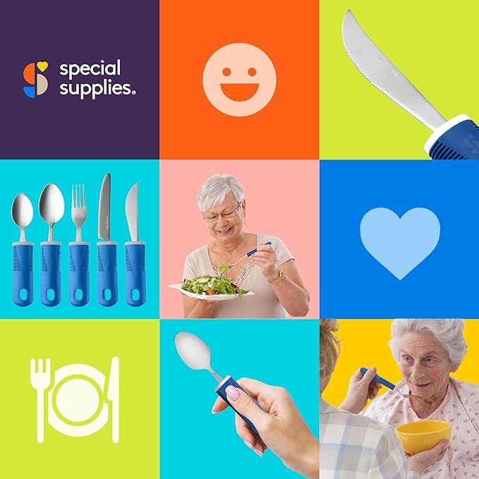 Special Supplies Adaptive Utensils (5-Piece Kitchen Set) Wide, Non-Weighted, Non-Slip Handles for Hand Tremors, Arthritis, Parkinson’s or Elderly Use - Stainless Steel (Blue)