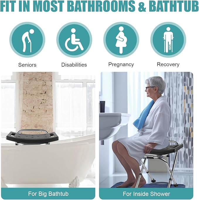 Folding Shower Chair Seat,Height Adjustable Shower Chair Seat,Stainless Eligible Shower Chair for Inside Shower,400lbs Portable Travel Shower Stool,Safety Anti-Slip Bath Chair for Seniors(Black)