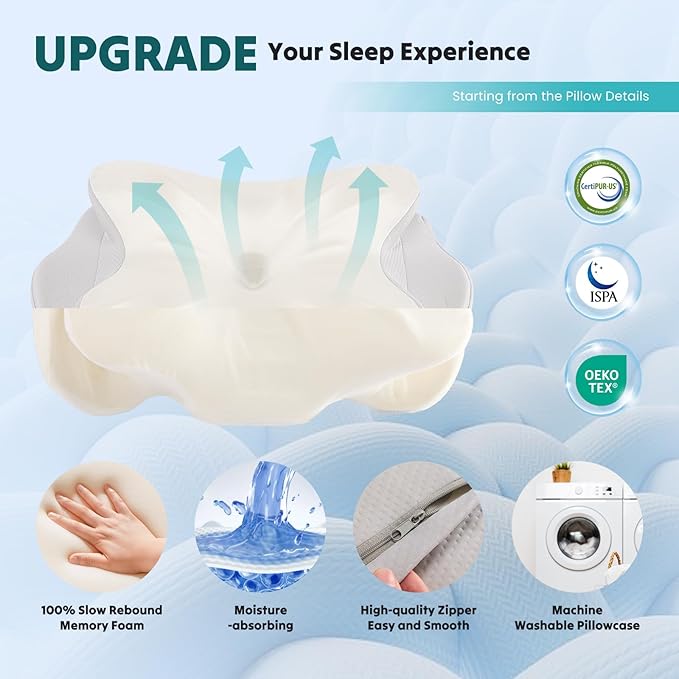 DUMOS Cervical Pillow for Neck and Shoulder, Contour Memory Foam Pillow, Ergonomic Neck Support Pillow for Side Back Stomach Sleepers with Pillowcase
