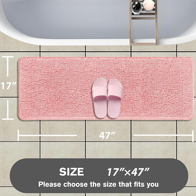 Bathroom Runner Rug 47 x 17 Inch – Long Bath Mat | Absorbent and Washable Thick Chenille Bath Rug Non-Slip Runner Rug for Bathroom, Shower, Sink(Pink)