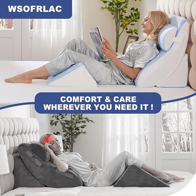 WSOFRLAC 4PCS Bed Wedge Pillow for Sleeping and Sitting Up, Orthopedic Memory Foam Pillow Set for Back Pain, Post Surgery Recovery, Acid Reflux, GERD Relief, Triangle Shape, Blue White