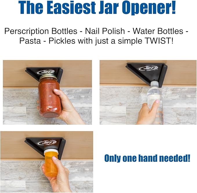 Jar Opener - Effortless Opener for Any Size Bottle or Jar Mounts Under Cabinet with Industrial Adhesive - Zero Slip Blade Protector - Must Have for Seniors & Arthritis Made In USA