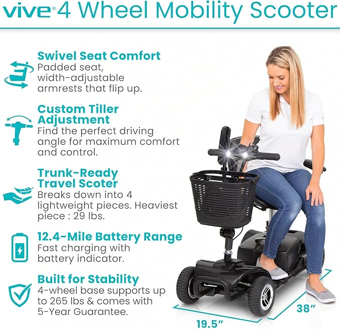 Vive 4 Wheel Mobility Scooter - Electric Powered Wheelchair Device - Compact Heavy Duty Mobile for Travel, Adults, Elderly - Long Range Power Extended Battery with Charger & Basket