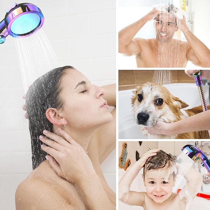 HANLIAN High Pressure Shower Head with Pause Button, 3 Spray Modes Shower Head for RV Camper, Water Saving On Off Shower, Handheld Shower Head with Hose and Holder (Radiant Rainbow)