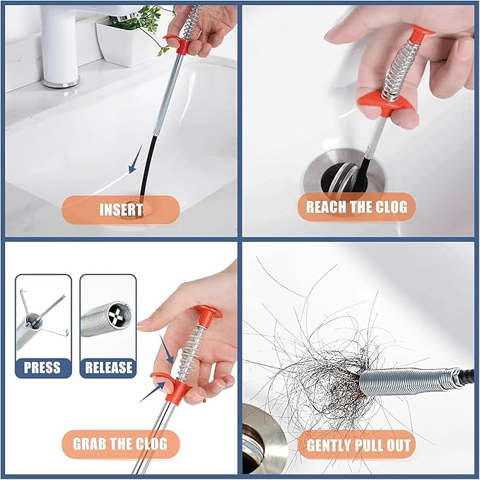 23 Inch Drain Snake Clog Remover, Flexible 4-Claw Grabber Tool, Toilet Sink Shower Drain Cleaner for Hair Removal