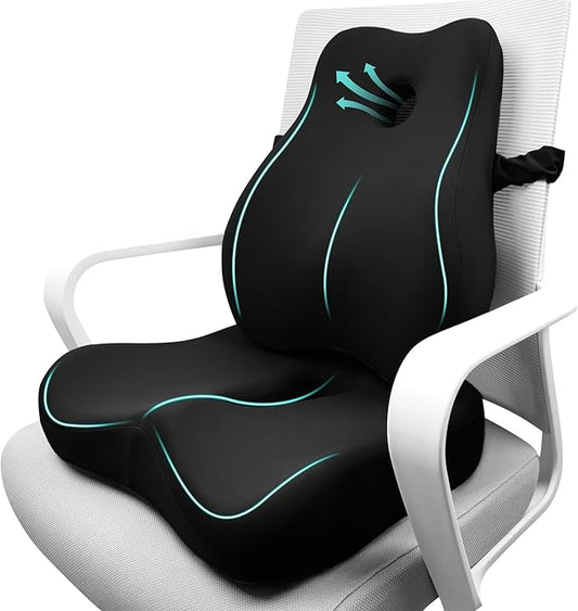 Seat Cushion & Lumbar Support Pillow Set,Memory Foam Office Chair Cushion for Tailbone Pain, Non-Slip Back Support for Car,Desk,Gaming Chair,Wheelchair, Breathable & Machine Washable