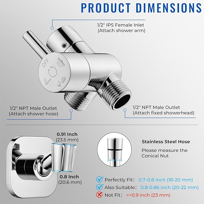 G-Promise All Metal High Flow Shower Diverter Valve with Adjustable Shower Head Holder, Universal 3-Way Splitter with Pause Mode for Handheld and Fixed Spray Head Adapter Replacement (Chrome)
