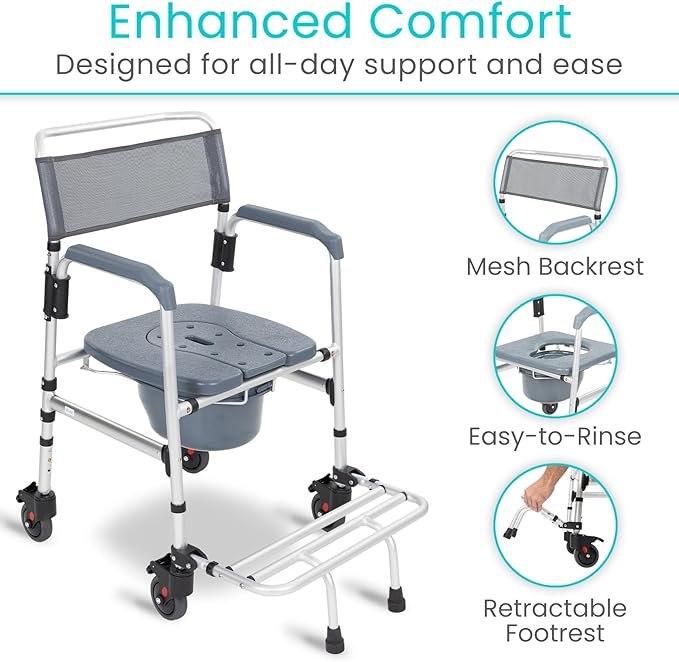 Vive Commode Shower Chair with Wheels - 3-in-1 Bathroom & Bedside Wheelchair for Seniors, Adults, Elderly, Disabled, Handicap - Rolling Toilet Transfer Seat w/Arms, Footrest, & Removable Bucket