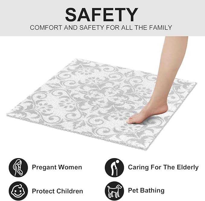 Non Slip Shower Mat: 24 X 24 Inch Stylish Square Shower Mats for Inside Shower - Soft PVC Loofah Trimmable Anti Slip Shower Mat for Elderly, Quick Drying