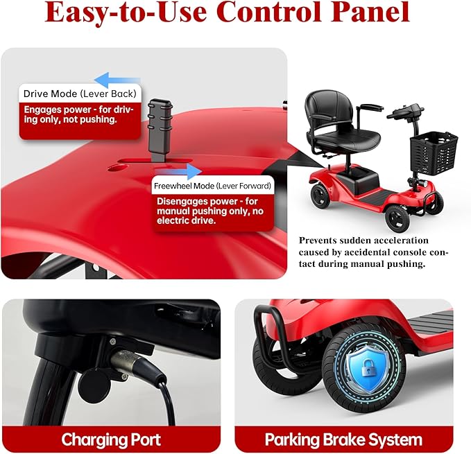 Mobility Scooter for Adults,4 Wheel Mobility Scooter,15 Miles Range,300WHBattery,300LBS Capacity,Lightweight andPortable,with LED Headlights andBasket,Charger Included（Red）