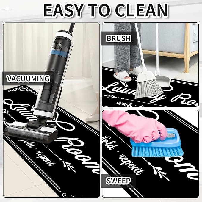 Laundry Room Rug Runner, 17.7"x45" Non Slip Black Laundry Rugs, Farmhouse Washable Floor Laundry Mats for Laundry Room, Mudroom, Kitchen, Washroom, Bathroom, Hallway Entryway Area Rugs Decor