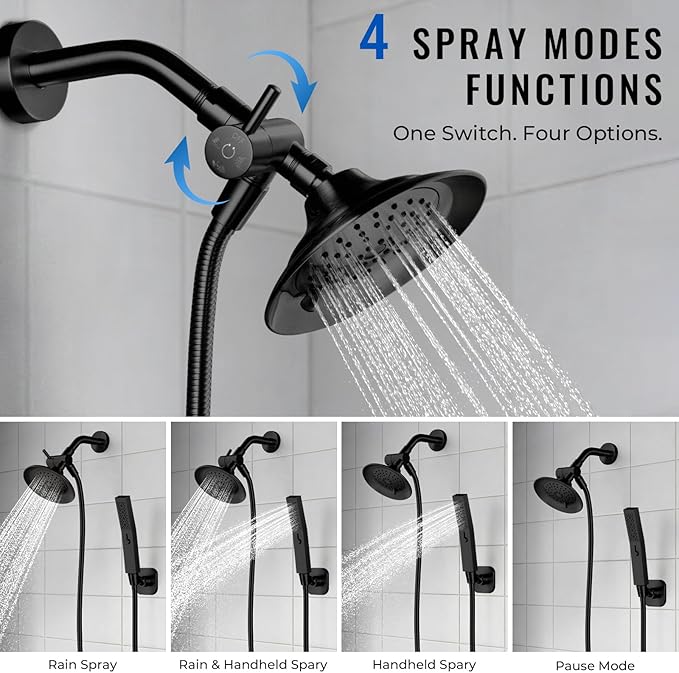 G-Promise All Metal High Flow Shower Diverter Valve with Adjustable Shower Head Holder, Universal 3-Way Splitter with Pause Mode for Handheld and Fixed Spray Head Adapter Replacement (Matte Black)