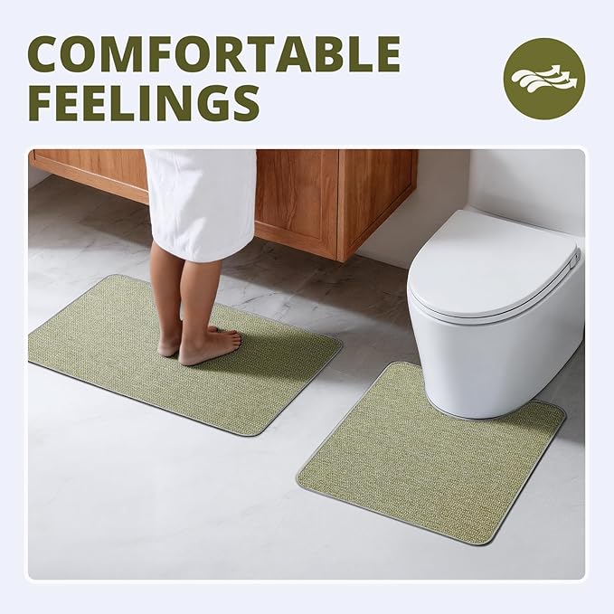 Bathroom Rugs Sets 2 Piece, Thin Bath Mat & U-Shaped Contour Toilet Rug Absorbent Quick Dry, Machine Washable, Non Slip Low Pile Bath Mats for Bathroom/Tub/Sink/Shower (30"x20" +24"x20" U, Sage Green)