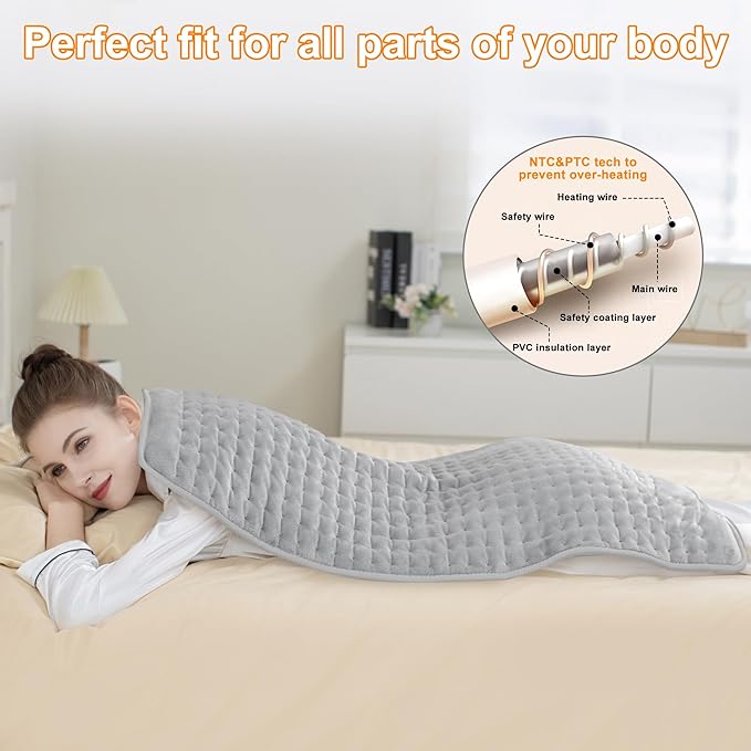 Deepsoon Heating Pad,Electric Heating Pads for Back,Neck,Moist Heating Pad for Abdomen Shoulder Knee Legs,Dry/Moist Heat&Auto Shut Off,Mother's Day Birthday for Men and Women,Light Gray,40x20 Inch
