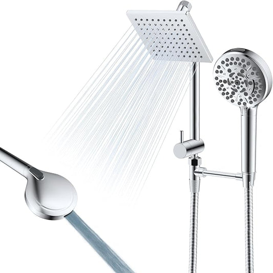All Metal Dual Shower Head Easy Reach, High Pressure 10-Spray Handheld Shower & 6" Square Rainfall Shower Head Combo, Shower Extension Arm, 71" Hose, 3-way Diverter, Brass Shower Bracket, Chrome