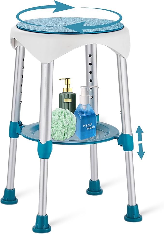 Shower Chair with Storage Tray, Height Adjustable Swivel Shower Stool for Seniors and Adults, 360° Swivel Shower Chair for Bathroom and Inside Shower (Green)