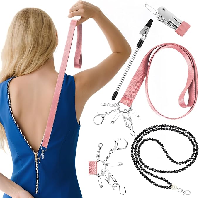 Zipper Helper Pull for Dresses 2 Pack Zipper Puller Helper with 5 Different Types Hooks Dress Zipper Pull Helper Assistant for Elderly and Pregnant Women(Pink)