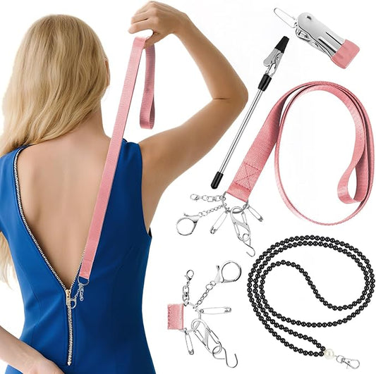 Zipper Helper Pull for Dresses 2 Pack Zipper Puller Helper with 5 Different Types Hooks Dress Zipper Pull Helper Assistant for Elderly and Pregnant Women(Pink)