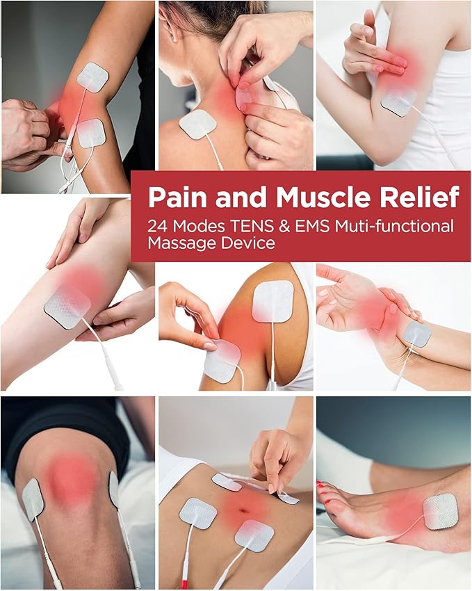 TENKER TENS Unit Muscle Stimulator, 24 Modes EMS Machine for Pain Relief Therapy/Pain Management, Rechargeable Electronic Pulse Massager with 2"x2" and 2"x4" Electrode Pads (Silver)
