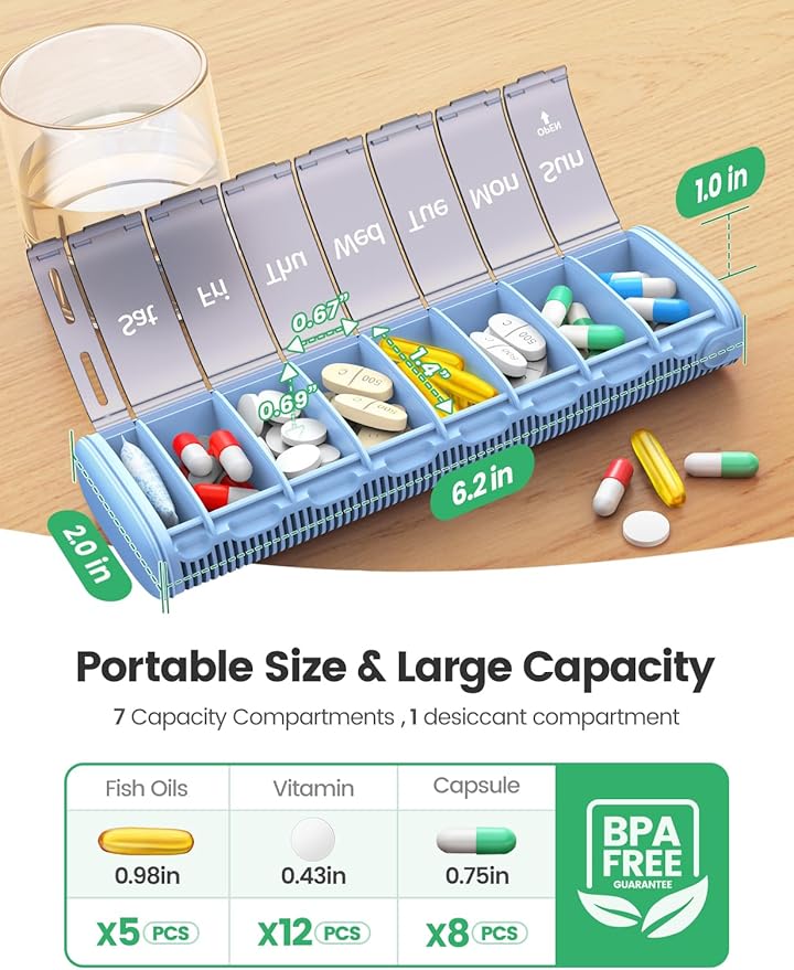 Weekly Pill Organizer 7 Day, Airtight Silicone Seal Pill Box with Built-in Desiccant, Portable Travel Medicine Organizer, Moisture-Proof Vitamin & Supplement Container,White