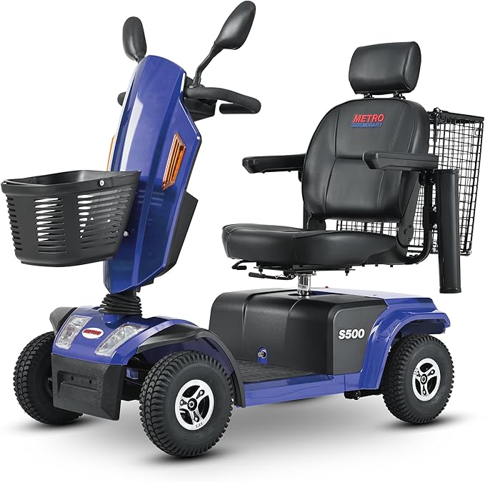 S500 4-Wheel Electric Mobility Scooter, Long-Range 52Ah Battery Up to 25 Miles, 500W Heavy-Duty Motor, 10” Pneumatic Tires, Adjustable Captain Seat, Storage Baskets for Seniors, Blue