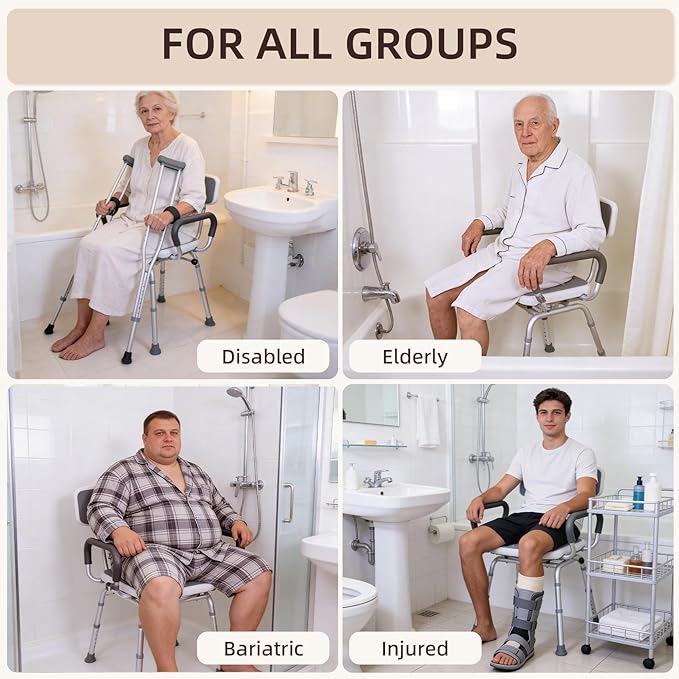 Swivel Shower Chair with Arms & Back, 400lbs Heavy Duty Shower Chair for Elderly and Disabled, Height Adjustable Shower Stool for Inside Shower, Non-Slip Rotating Shower Bench Seat for Tub Transfer
