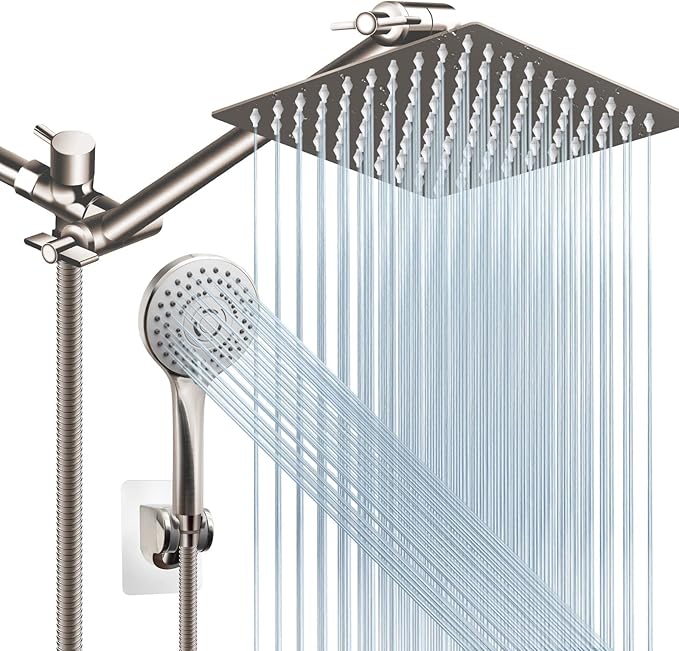 Shower Head Combo(Brushed Nickel),8 Inch High Pressure Rain Shower Head with 11 Inch Adjustable Extension Arm and 5 Settings Handheld Shower Head Combo,Powerful Shower Spray Against Low Pressure Water