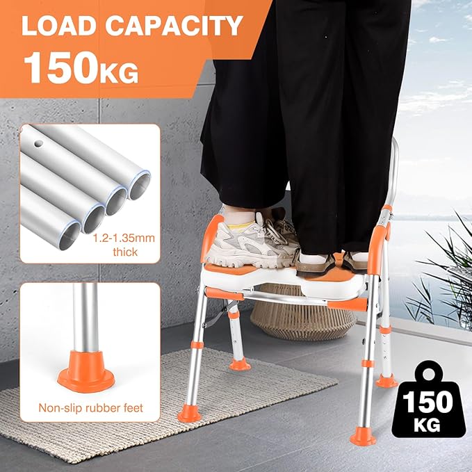 DEWEL Foldable Shower Chair for Elderly and Disabled, Folding Shower Seat with Armrests and Back Height Adjustable, Aluminum Alloy Bath Seat for Inside Shower, 330lbs Capacity (Orange-N)