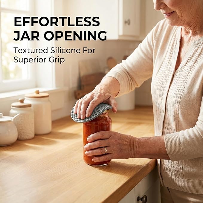 Set of 4 Multifunctional Silicone Grippers, Gray Purple Blue Orange Jar Openers and Trivet Mats, Non-Slip Lid Opener for Weak Hands, Heat Resistant Hot Pads for Kitchen (17.5cm Round)