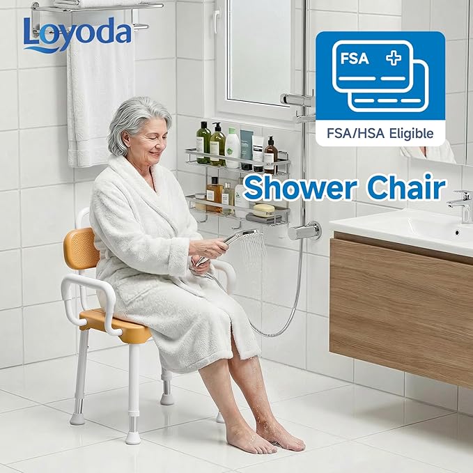 Loyoda Shower Chair for Inside Shower, Adjustable Height 15.7"–21.2", Shower Chair for Bathtub with Removable Padded Arms and Backrest, Supports 350 lbs, FSA/HSA Eligible for Elderly, Adults, Seniors