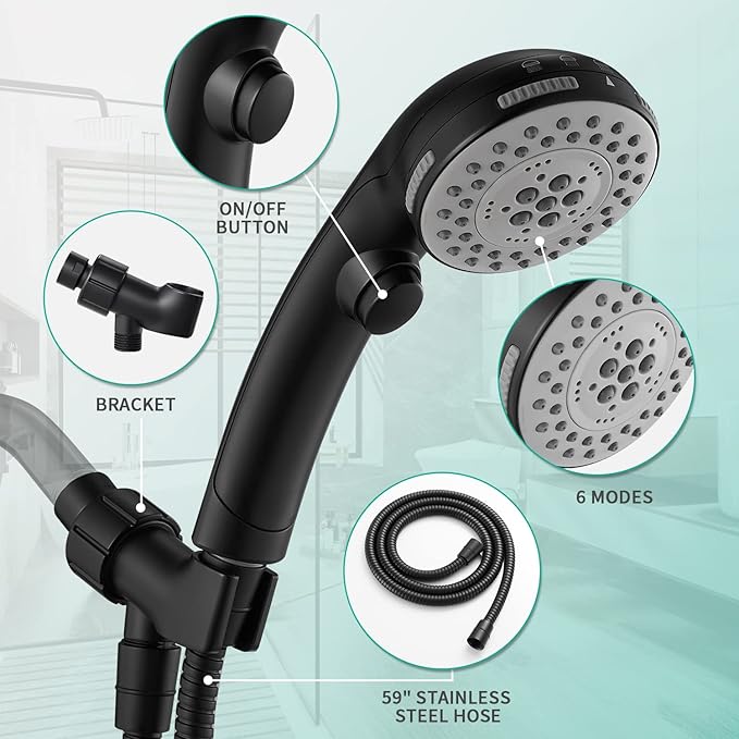 DOILIESE High Pressure 6 Setting Shower Head with Handheld, Shower Heads with ON/OFF Switch and Spa Spray - Matte Black