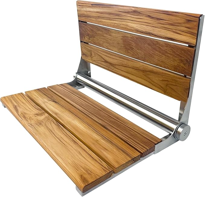 Teak Shower Seat Bench with Back - Wall Mounted Fold Up Shower Seat, Waterproof Folding Teak Bath Chair for Seniors, 304 Stainless Steel, with 300 lbs Capacity - 18" Length, Brushed Stainless Finish