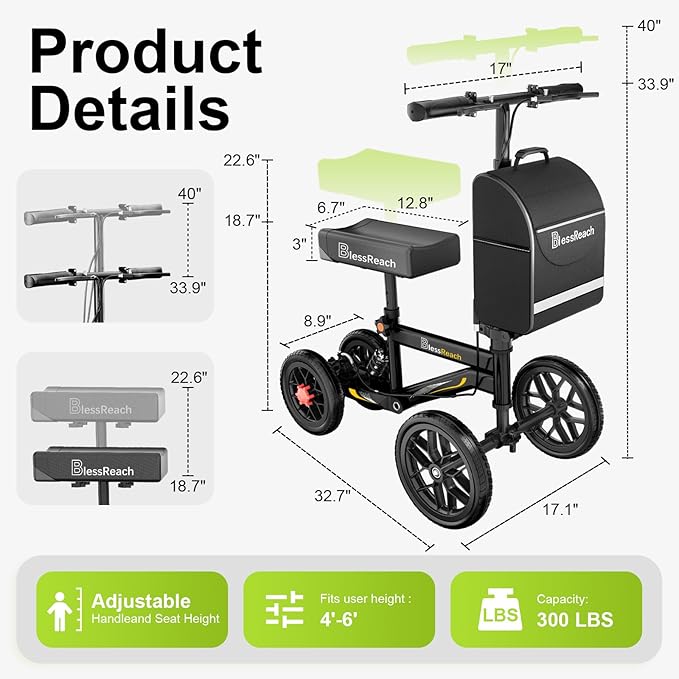 BlessReach Deluxe Medical Scooter Double Handbrake, All Terrain Steerable Knee Scooter Crutch Alternative, for Adults Injured Ankle & Foot Recovery in Blacks