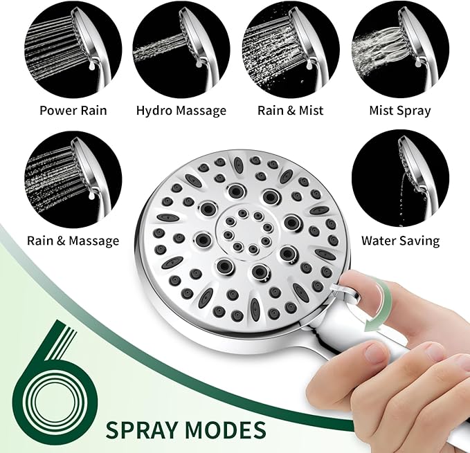 Shower Head, 6 Spray Modes Handheld Showerhead, High Pressure Hand Shower with 59 Inch Stainless Steel Hose and Adjustable Shower Head Holder, Chrome