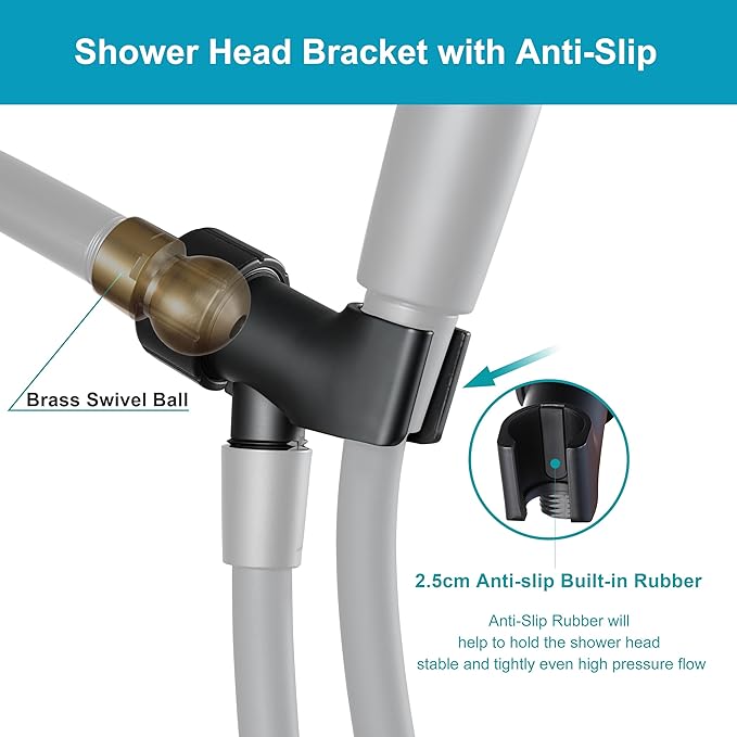 High Pressure 8-mode Handheld Shower Head with On Off Switch and Long Hose & Bracket PLUS Extra Adhesive Holder for Lower Mount,Built-in Power Wash to Clean Tub,Tile & Pets,Black