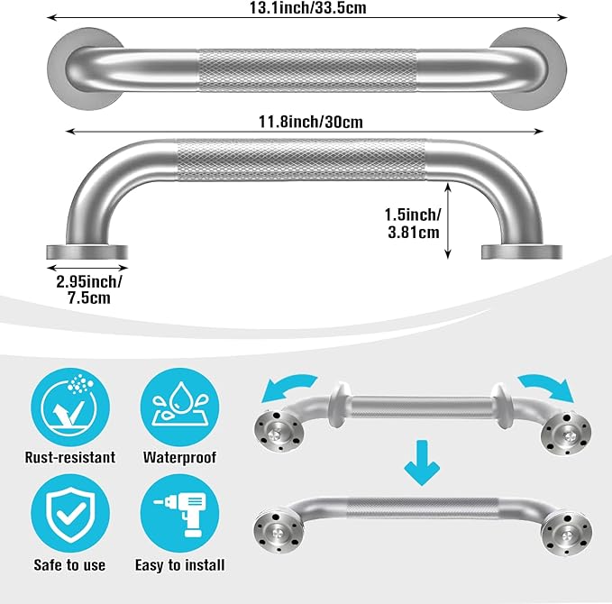 12 Inch Shower Grab Bars for Seniors, 2 Pack Brushed Nickel Stainless Steel ADA Grab Bars with 1.25'' Diameter Anti-Slip Textured Surface, Shower Safety Hand Rails for Elderly Handicapped