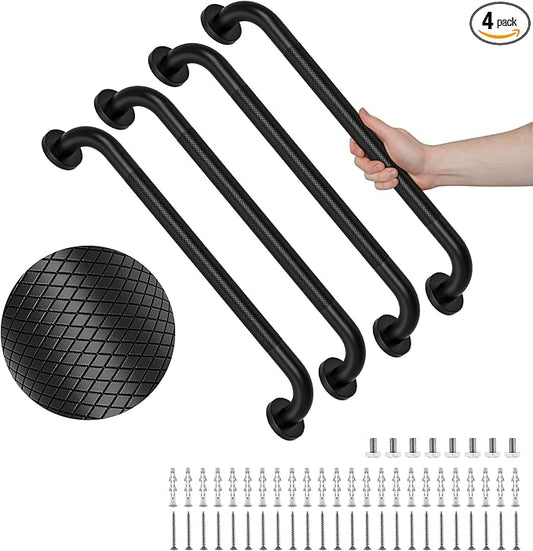 4 Pack 24 Inch Shower Grab Bar, YuanDe Matte Black Bathroom Grab Bar Handle w/Anti-Slip Knurled Grip, Stainless Steel Bath Balance Bar, 1.25" Diameter Safety Hand Rail Support,Handicap Injury Elderly