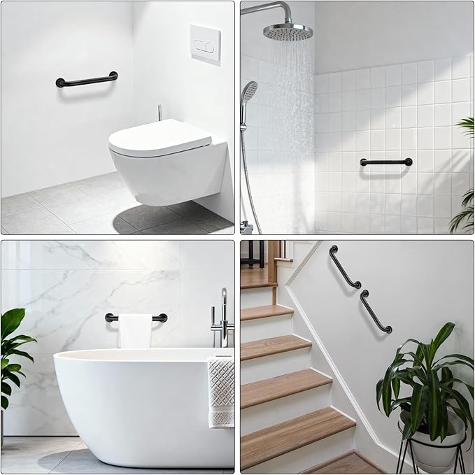 Black Grab Bar 12 Inch, iHansee Anti-Slip Bathroom Grab Bar w/Knurled Grip, Stainless Steel Safety Handrail for Toilet, Bathtub, Shower for Senior Elderly, Wall Mounted Matte Black Handicap Bars