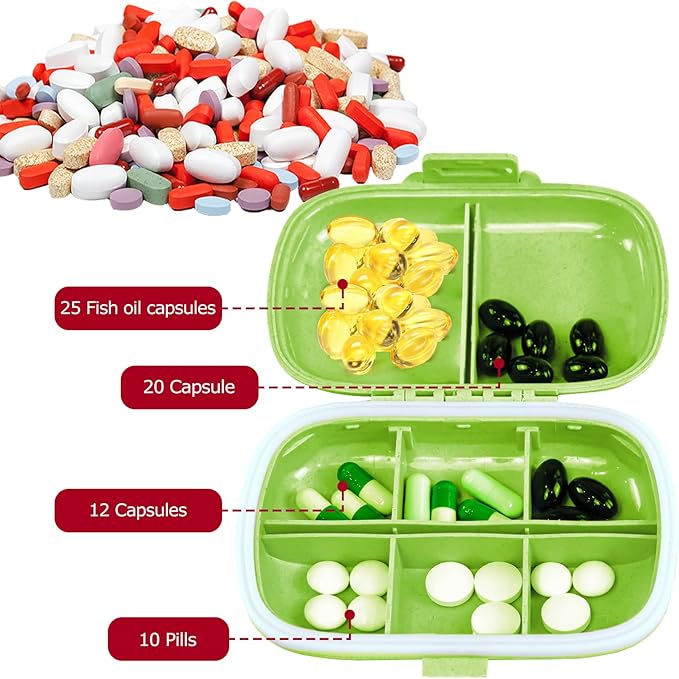 1Pack Travel Pill Organizer, 8 Compartments Portable Pill Case, Small Pill Box for Pocket Purse Portable Medicine Vitamin Container Green