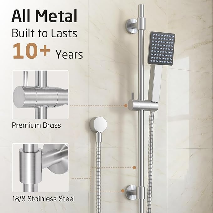 KES 30-Inch All-Metal Shower Slide Bar with Handheld Shower Head & Supply Elbow, Built-In Power Wash & Patented Auto-Reset, Adjustable Brackets Cover Existing Hole, 18/8 Stainless Steel, Brushed Steel