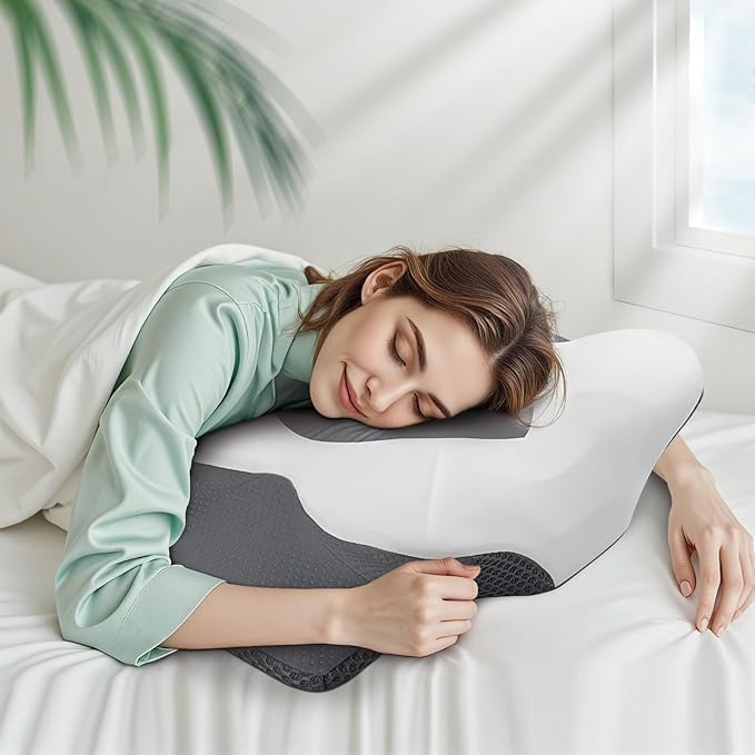 Cervical Neck Pillow for Sleeping, Memory Foam Pillow for Neck Support, Set of 2, Ergonomic Pillow for Pain Relief, Contour Bed Pillow for Side Back Stomach Sleepers, Grey, Queen Size