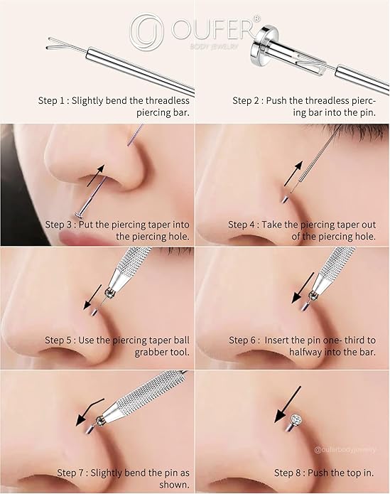 OUFER Piercing Ball Grabber, 16G 18G Flat Back Earrings Piercing Guide needle Tool, Surgical Steel Internally Threaded Push Pin External Thread Assistant Body Piercing Kit for Ear Nose Lip Tool