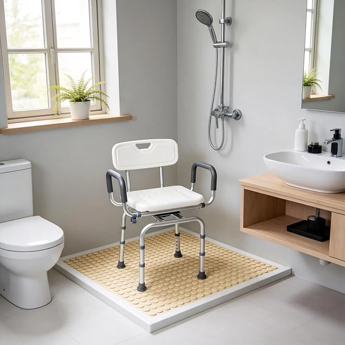 Vie Triomphe 360° Swivel Shower Chair with Arms and Back, Height Adjustable Bath Seat for Inside Shower or Tub, Shower Chair for Seniors, Elderly & Disabled, Safer Entry and Exit