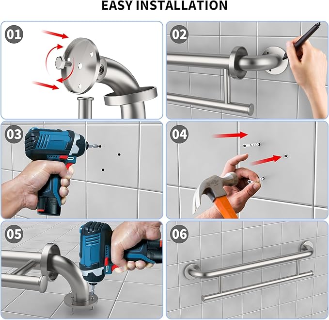 Brushed Nickel Grab Bar 24 Inch w/Towel Holder, iHansee Stainless Steel Towel Rack Shower Support Balanced Support Handle, Wall Mount Safety Handrail Grab Rail for Elderly Senior Handicap Disabled