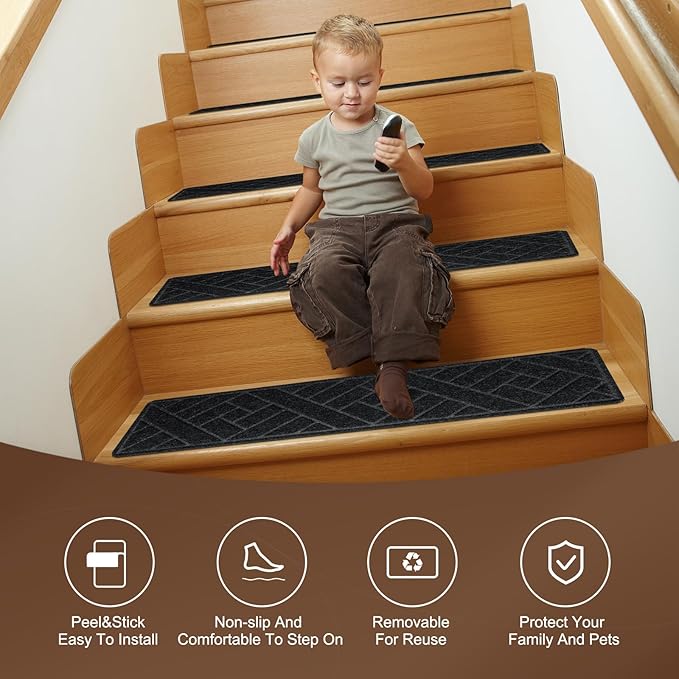 15 Pack 8 "X 30" Non-Slip Carpet Stair Treads for Indoor Wooden Steps, Made of Polyester and Reusable Adhesive, Suitable for Kids Elders and Pets（Black Lines）